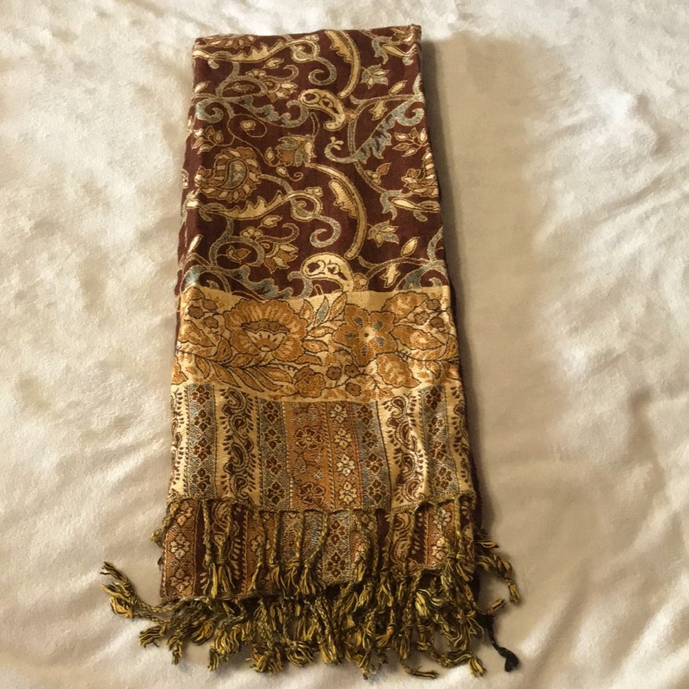 SaraJane XL Fringed Scarf Wrap Brown Yellow Paisley